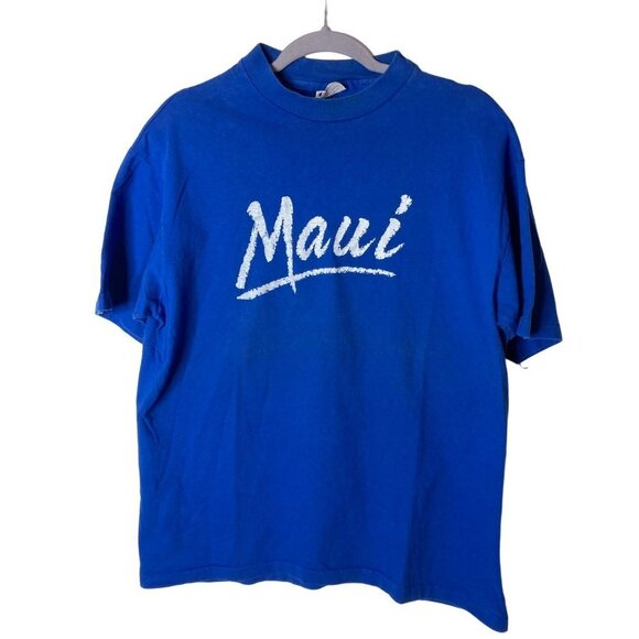 Vintage Hanes Beefy Single Stitch Maui‎ Shirt Fits M / L READ Blue USA Graphic - Picture 1 of 8